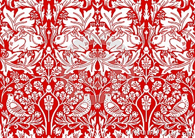Hand drawn seamless pattern ornament with rabbit, bird and plants on red background. Vector illustration. Vector Illustration