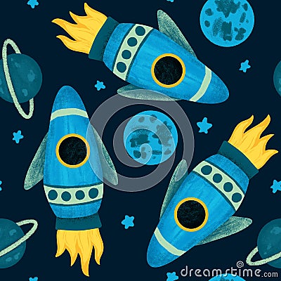 Hand drawn seamless pattern of outer space galaxy astronaut in purple blue colors. Stars planet asteroid comet saturn Stock Photo