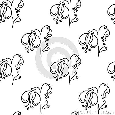 Hand drawn Seamless pattern. Outlines of bizarre plants on a white background Cartoon Illustration