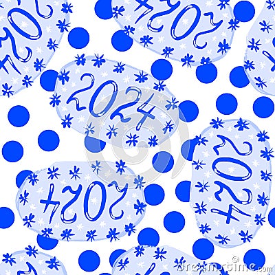 Hand drawn seamless pattern with 2024 oval blue sticker, winter celebration new year print. Text hand drawn digits Stock Photo