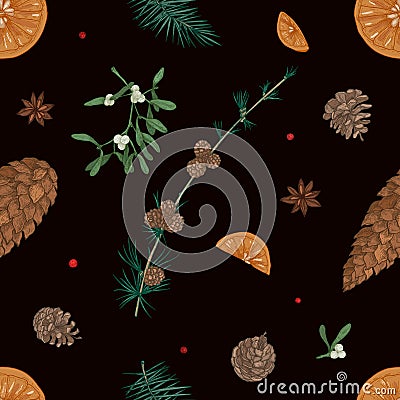 Hand drawn seamless pattern with parts of Christmas plants on black background - mistletoe, branches of coniferous trees Vector Illustration