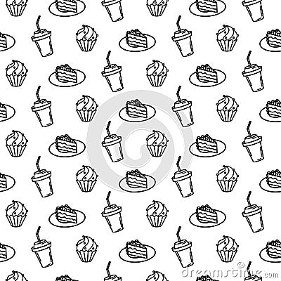 Hand drawn seamless pattern with a piece of cake, a plate, dessert, a glass of soda, coffee, a donut, a glazed cupcake Vector Illustration