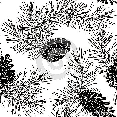 Hand-Drawn seamless pattern with pine cones and branches of coniferous evergreen tree Vector Illustration