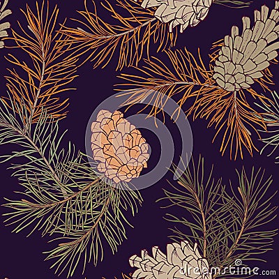 Hand-Drawn seamless pattern with pine cones and branches of coniferous evergreen tree Vector Illustration