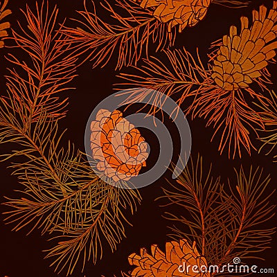 Hand-Drawn seamless pattern with pine cones and branches of coniferous evergreen tree Stock Photo