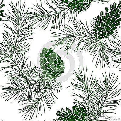 Hand-Drawn seamless pattern with pine cones and branches of coniferous evergreen tree Stock Photo