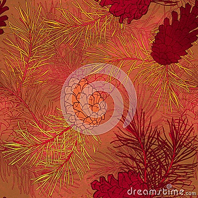 Hand-Drawn seamless pattern with pine cones and branches of coniferous evergreen tree Stock Photo