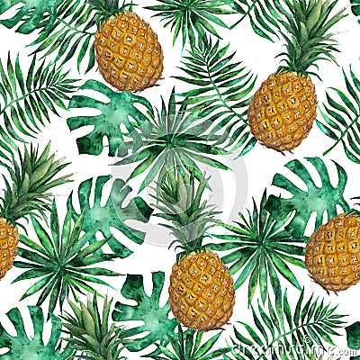 Seamless watercolor pattern with pineapple, monstera, palm leaves Stock Photo