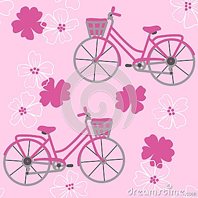 Hand drawn seamless pattern with pink bicycles on cherry sakura blossom flower floral background. Sport transportation Stock Photo