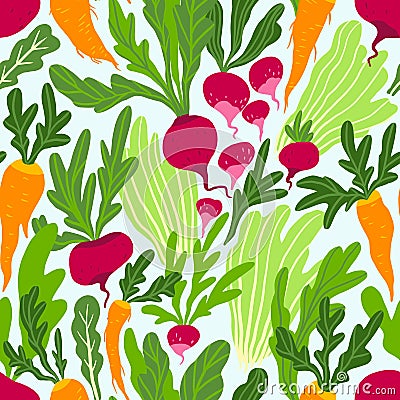 Hand drawn seamless pattern - salad greens and root vegetables isolated on white background in unique trendy organic style. Stock Photo