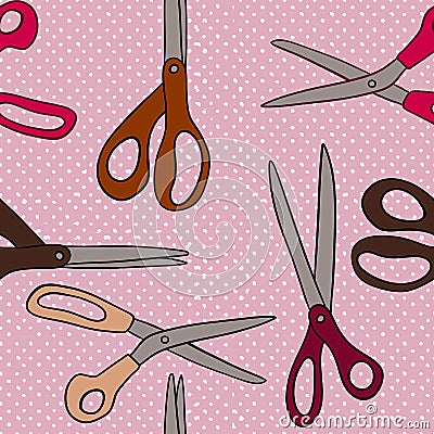 Hand drawn seamless pattern with scissors sewing crafts dressmaking items. Pink brown beige polka dot background, tailor Stock Photo
