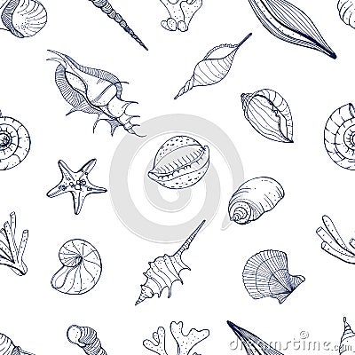 Hand drawn seamless pattern with seashells. Vector monochrome background. Vector Illustration