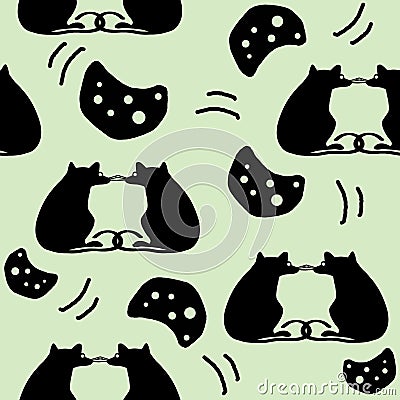 Hand drawn seamless pattern of silhouette cheeses and rats on green background. Stock Photo