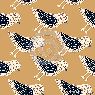 Hand drawn seamless pattern with simple dove birds silhouettes. Beige background Vector Illustration