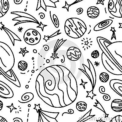 Hand drawn seamless pattern with stars, comets and planets. Space doodle illustration Cartoon Illustration