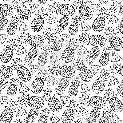 Hand drawn seamless pattern of sweet tropical fruit. Pineapples and pineapple slices. Healthy eating. Cute doodle sketch Vector Illustration