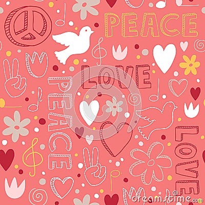 Hand-drawn seamless pattern with symbols of peace Vector Illustration