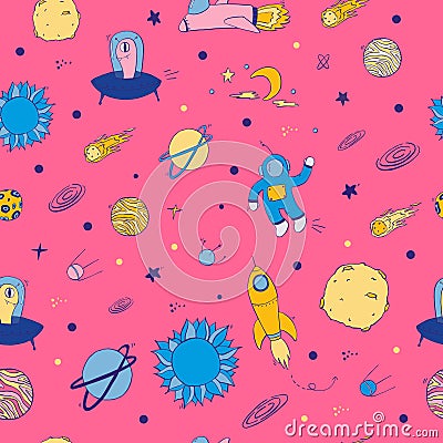 Hand drawn seamless pattern, template with Astronaut, Spaceship, Rocket, Moon. Vector illustration. Vector Illustration