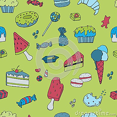 Hand drawn seamless pattern, template with Ice cream, Muffins, Sweets, Candy`s. Vector illustration. Vector Illustration