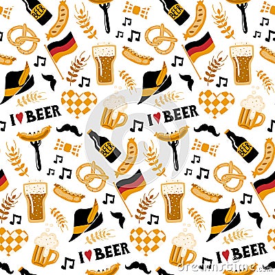 Hand drawn seamless pattern with traditional Beer fest attributes on white background. Vector Illustration