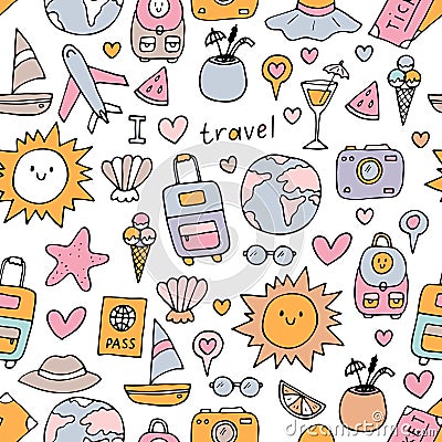 Hand drawn seamless pattern with travel icons. Summer vacation. Doodle, sketch. Traveling, holidays, relaxation Vector Illustration