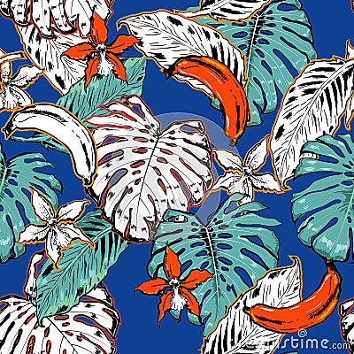 Hand drawn seamless pattern with tropical outline and palm leave Stock Photo