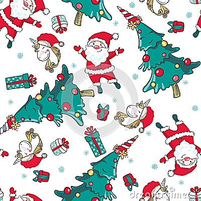Hand drawn seamless pattern with Unicorn, Santa Claus and Christmas tree. Vector Illustration