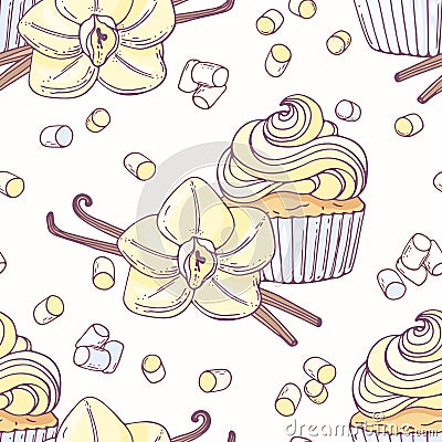 Hand drawn seamless pattern with vanilla cupcake and doodle buttercream for pastry shop menu Vector Illustration