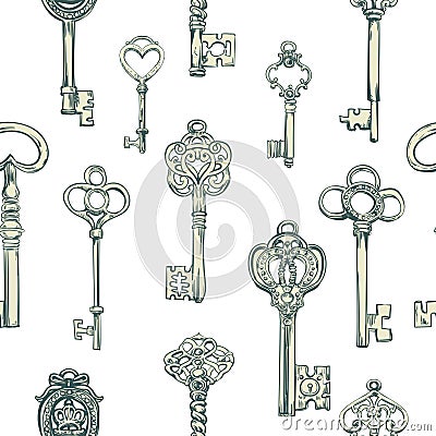 Hand-drawn seamless pattern of various vintage keys. Vector Illustration