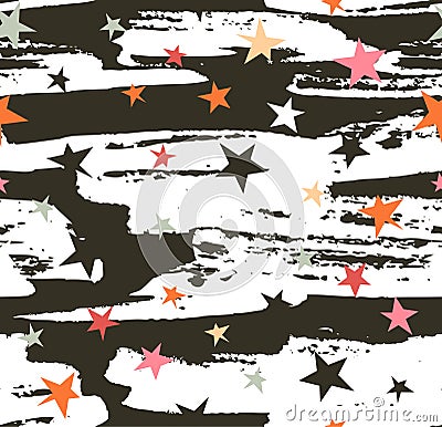 Hand drawn seamless pattern. Vector hipster background stripe design with stars on the night sky. Vector Illustration