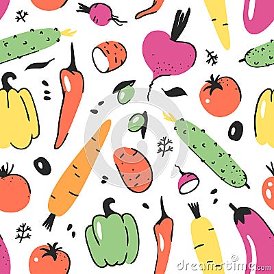 Hand drawn seamless pattern with vegetable. Vector artistic drawing food. Summer illustration red onion, pumpkin, potato Vector Illustration