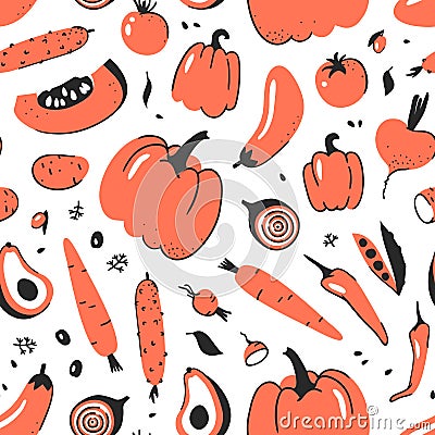 Hand drawn seamless pattern with vegetable. Vector artistic drawing food. Summer illustration red onion, pumpkin, potato, pepper, Cartoon Illustration