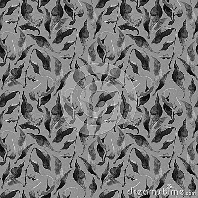 Hand drawn seamless pattern with watercolor branches and leaves. Monochrome vintage floral watercolor gray background Stock Photo