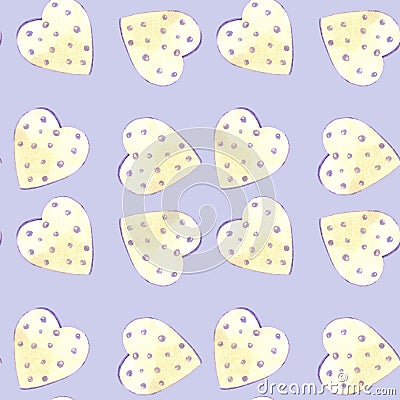 Hand drawn seamless pattern watercolor hearts isolated on violet background. Stock Photo