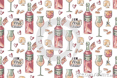 Hand drawn seamless pattern with wine glasses, bottles, cheese, and and latin lettering in vino veritas Stock Photo