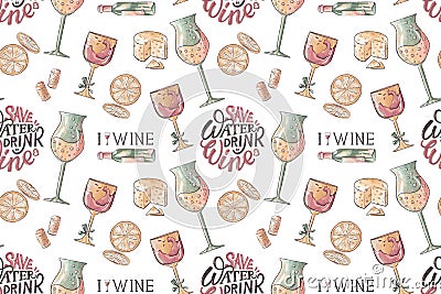 Hand drawn seamless pattern with wine glasses, lemons, cheese, and lettering Save water drink wine Stock Photo