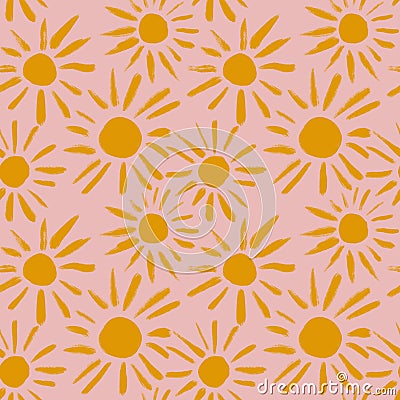 Hand drawn seamless pattern with yellow suns on pink background. Boho bohemian summer print, sunshine sunrise sunset Stock Photo