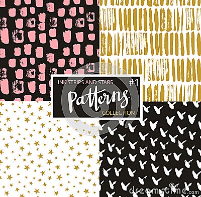 Hand drawn seamless patterns. Vector hipster backgrounds with ink strokes and stars. Vector Illustration