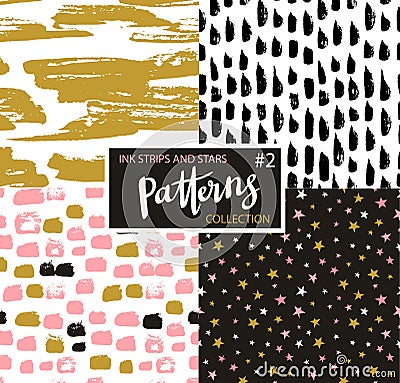 Hand drawn seamless patterns. Vector hipster backgrounds with ink strokes and stars. Vector Illustration