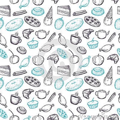 Hand drawn seamless texture of sweets doodles. Vector Illustration