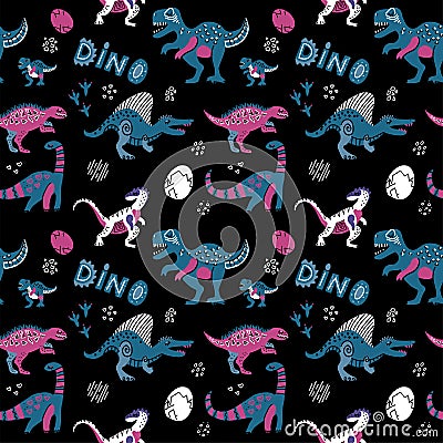 Hand drawn seamless vector pattern with cute dinosaurs, eggs and linear decor. Repetitive wallpaper on black background. Perfect Stock Photo