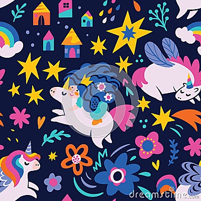 Hand drawn seamless vector pattern with cute unicorns, stars, houses and princess in the sky. Vector Illustration