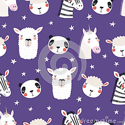 Cute sleepy animals seamless pattern Vector Illustration