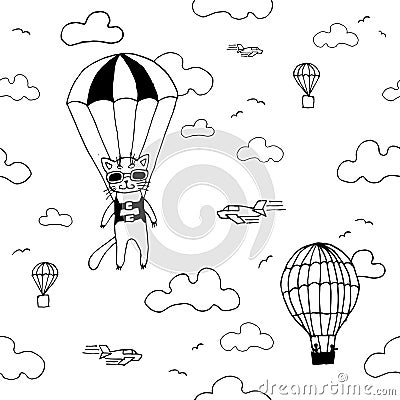 Hand drawn seamless vector pattern with skydiver cat, air baloon, planes and clouds. Design concept for kids textile print, wallpa Vector Illustration