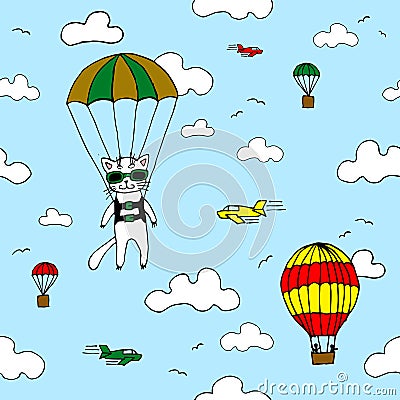 Hand-drawn seamless vector pattern with skydiver cat, air baloon, planes and clouds. Design concept for kids textile print Vector Illustration