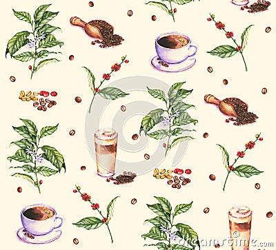 Hand-drawn seamless watercolor pattern with coffee plant and beans, espresso and latte Stock Photo