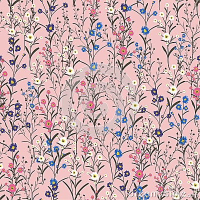 Hand-drawn seamless wild flowers and botanical pattern wi Stock Photo