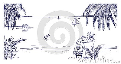 Hand drawn seaside landscape. Tropical resort with deck chair and umbrella, sand beach, exotic palm trees and sail boats Vector Illustration