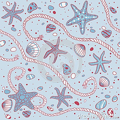Hand drawn seastars, rope, seastones and seashells on wooden background. Vector seamless pattern Vector Illustration
