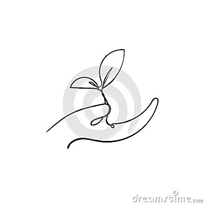 Hand drawn seeds grow in the palm of the hand illustration with continuous line art style vector isolated Vector Illustration